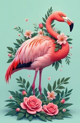Fototapeta premium Pink flamingo bird stands among lush green leaves and soft pink flowers. Beautiful exotic tropical bird decorated with roses and blossoms. Elegant animal art with floral elements.
