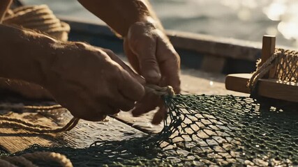 Close up of a fisherman's weathered hands repairing a traditional fishing net on a wooden boat at sunset for a heritage craft concept and arduous livelihood