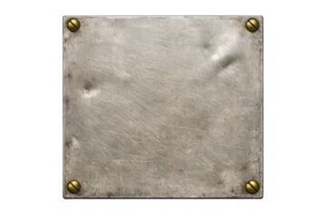 Old brushed metal plate with grunge texture and brass screws, isolated on transparent background, offering a weathered industrial design element