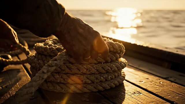Close-up of an old fisherman's hand coiling a rope on a wooden boat deck during a golden sunset for a seafaring journey concept and traditional craftsmanship
