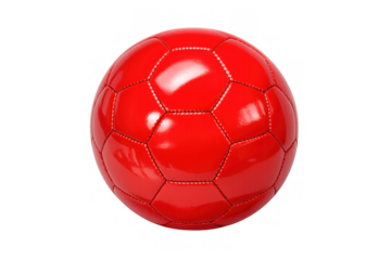Red soccer ball with shiny surface and classic hexagonal pattern, isolated on a transparent background, ready for play
