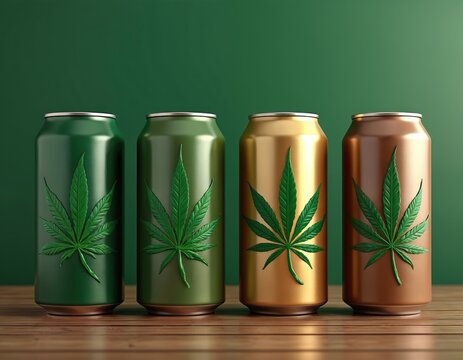 Four cans with cannabis leaf design in different metallic colors stand on a wooden table. Green, gold, and bronze cans offer cannabis infused drinks.