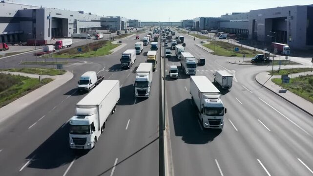 An ultra-smooth cinematic drone pull-back video over a multi-lane road network, revealing an ultra-modern global logistics hub with diverse commercial vehicles flowing fluidly under mid-morning