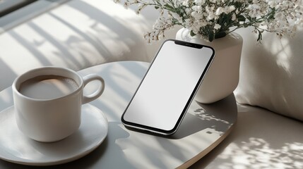 Smartphone beside fresh coffee on a table 