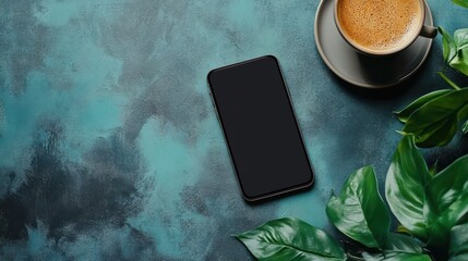 Smartphone beside fresh coffee on a table 