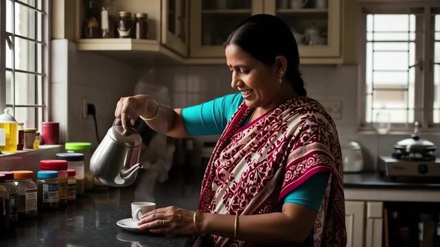 Authentic lifestyle video of an Indian housewife preparing tea in a warm home kitchen