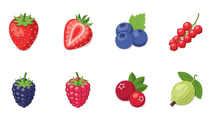 Colorful collection of fresh berries with leaves on white background