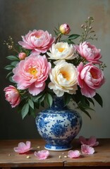 Obraz premium Pink and white peonies arranged in a blue and white vase. Delicate petals fall onto a wooden table. Lush green leaves surround the soft blooms.