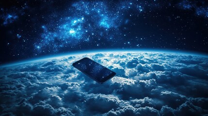 Smartphone in space above Earth and clouds 