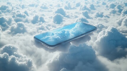 Smartphone levitating in a sky scene, clouds below 
