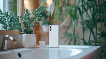 Smartphone leaning on bathroom mirror