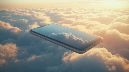 Smartphone levitating in a sky scene, clouds below