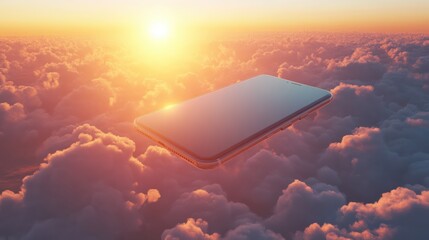 Smartphone levitating in sunlit sky