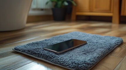Smartphone lying on bathroom rug