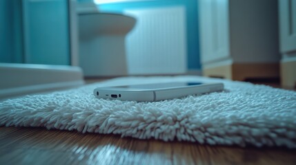 Smartphone lying on bathroom rug