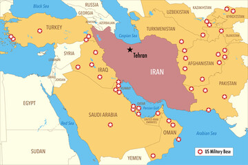 Fototapeta premium Map of US Military Bases Around Iran in the Middle East and Central Asia