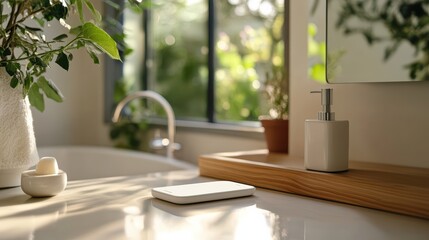 Smartphone near soap dispenser in bright bathroom