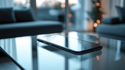 Smartphone on a glass table reflecting window light 
