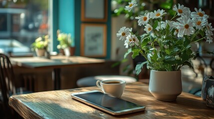 Smartphone on a wooden table in a cozy cafe