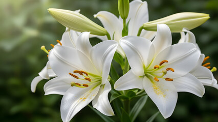 Obraz premium Beautiful white lilies in full bloom with green leaves