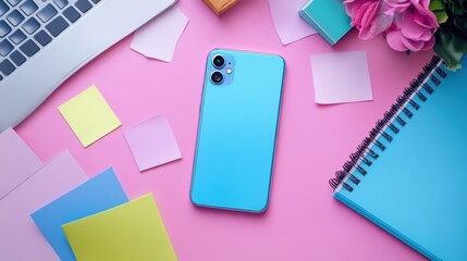 Smartphone on vibrant office desk with sticky notes