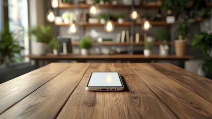 Smartphone on wooden office desk with blurred background