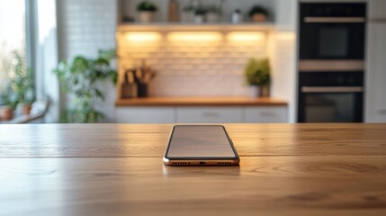 Smartphone on wooden kitchen counter 
