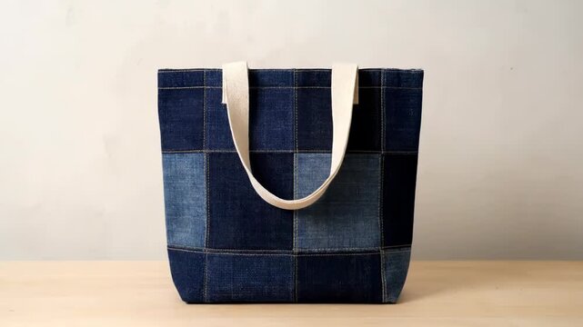 Denim squares are cut and sewn together to create a patchwork fabric. This fabric is then transformed into a stylish and unique tote bag.