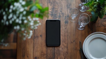 Smartphone with black screen on dining table 
