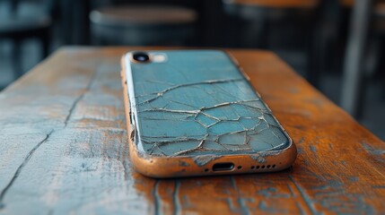 Smartphone with cracked case on table