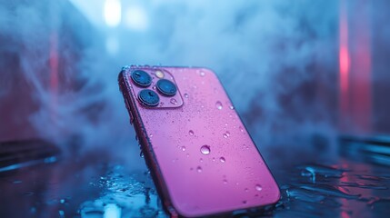 Smartphone with water droplets in steamy mirror reflection 