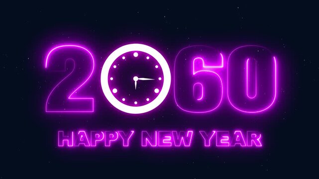Futuristic Happy New Year 2060 Neon Sign with Clock Striking Midnight