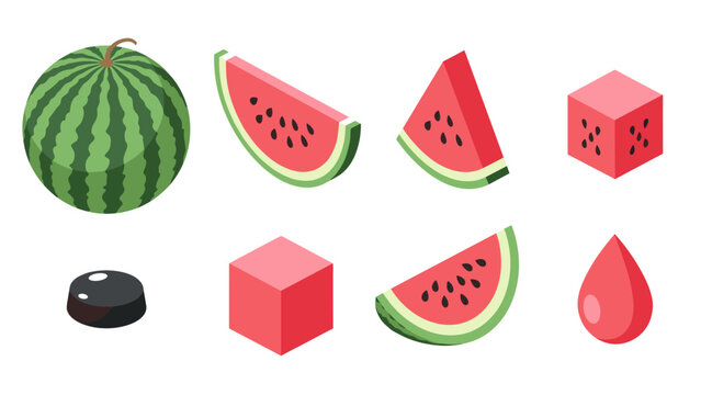 Colorful watermelon set with diverse shapes in isometric style