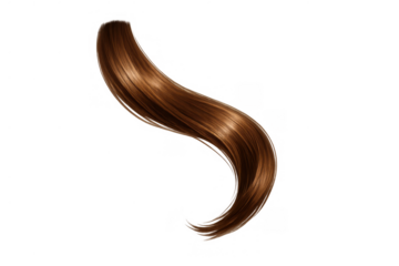 Wavy brown hair strand with natural shine, flowing curl, isolated translucent background for cosmetology, beauty concept