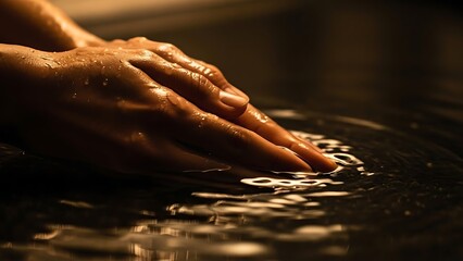 Touch of Serenity: A tender hand caresses the surface of still water, evoking feelings of calm and contemplation, the intimate interplay of touch and reflection.