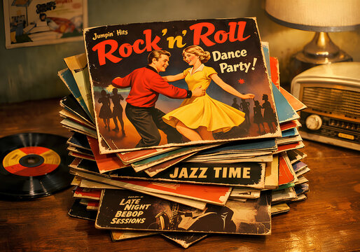 A pile of vintage rock and roll vinyls on wooden table