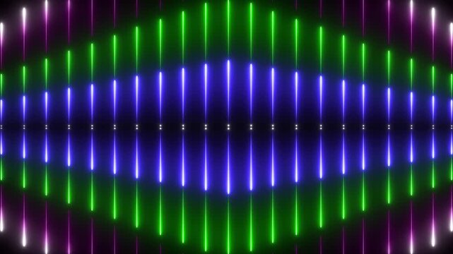 Vibrant sound wave pattern with green, purple, blue and white neon lights on dark background, futuristic audio visualization