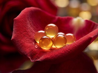 Macro view of golden oil pearls resting on a red rose petal with dew drops, illuminated by warm bokeh lights for a luxurious beauty or gourmet concept.