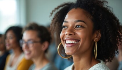 Group of women attend adult education class, smiling. Diverse audience listens attentively in classroom setting. Focus on learning and community connection.