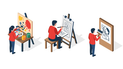 Isometric art design: artists engaged in painting and sketching activities