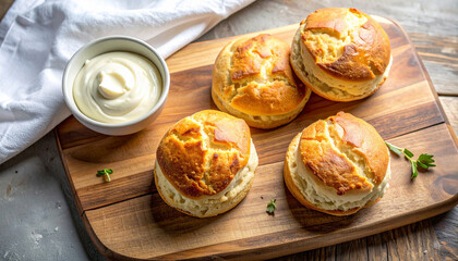 Homemade scones with clotted cream and linen