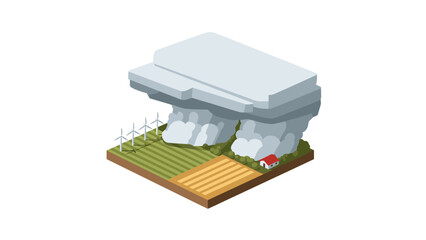 Isometric thunderstorm over countryside with wind turbines and farm fields