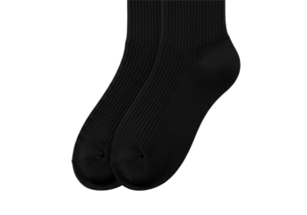 a pair of classic black unisex socks featuring fine vertical ribbing and taut textile texture, isolated on a transparent background with soft high-key studio lighting, sophisticated product quality