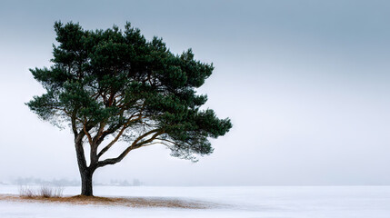 Solitary pine tree in misty coastal landscape