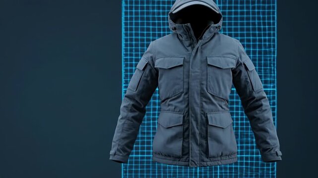 Digital design of a modern tactical jacket on a grid background. Virtual clothing creation for fashion or military applications.