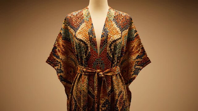 An intricately designed garment features a vibrant mosaic pattern on a mannequin. This artistic fashion piece showcases rich colors and detailed craftsmanship.