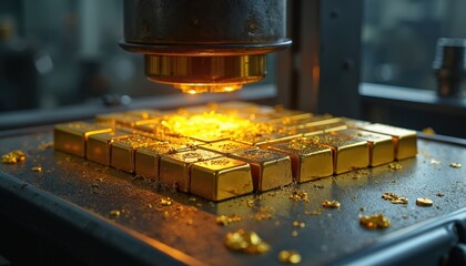 Shiny gold bars arranged in rows on metal surface. Industrial machine processes precious metal, creating fine particles. Manufacturing precious bullion in factory setting.
