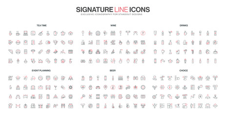 Collection of minimalist line icons representing tea time, wine, drinks, event planning, beer, and choice concepts in a simple red and black style isolated vector illustration