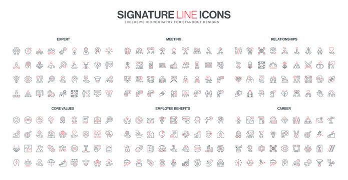 Comprehensive set of line icons covering expert skills, meetings, relationships, core values, employee benefits, and career growth in modern business isolated vector illustration