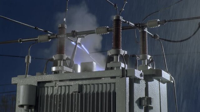 Striking electrical arc and dense smoke plume emanating from a high-voltage power transformer, depicting a dramatic malfunction or hazardous short circuit incident